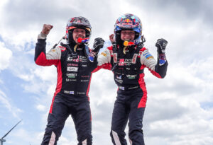 Kalle Rovanpera Jonne Halttunen Celebrating Win Rally de Portugal 2023 Toyota GR Yaris Rally1